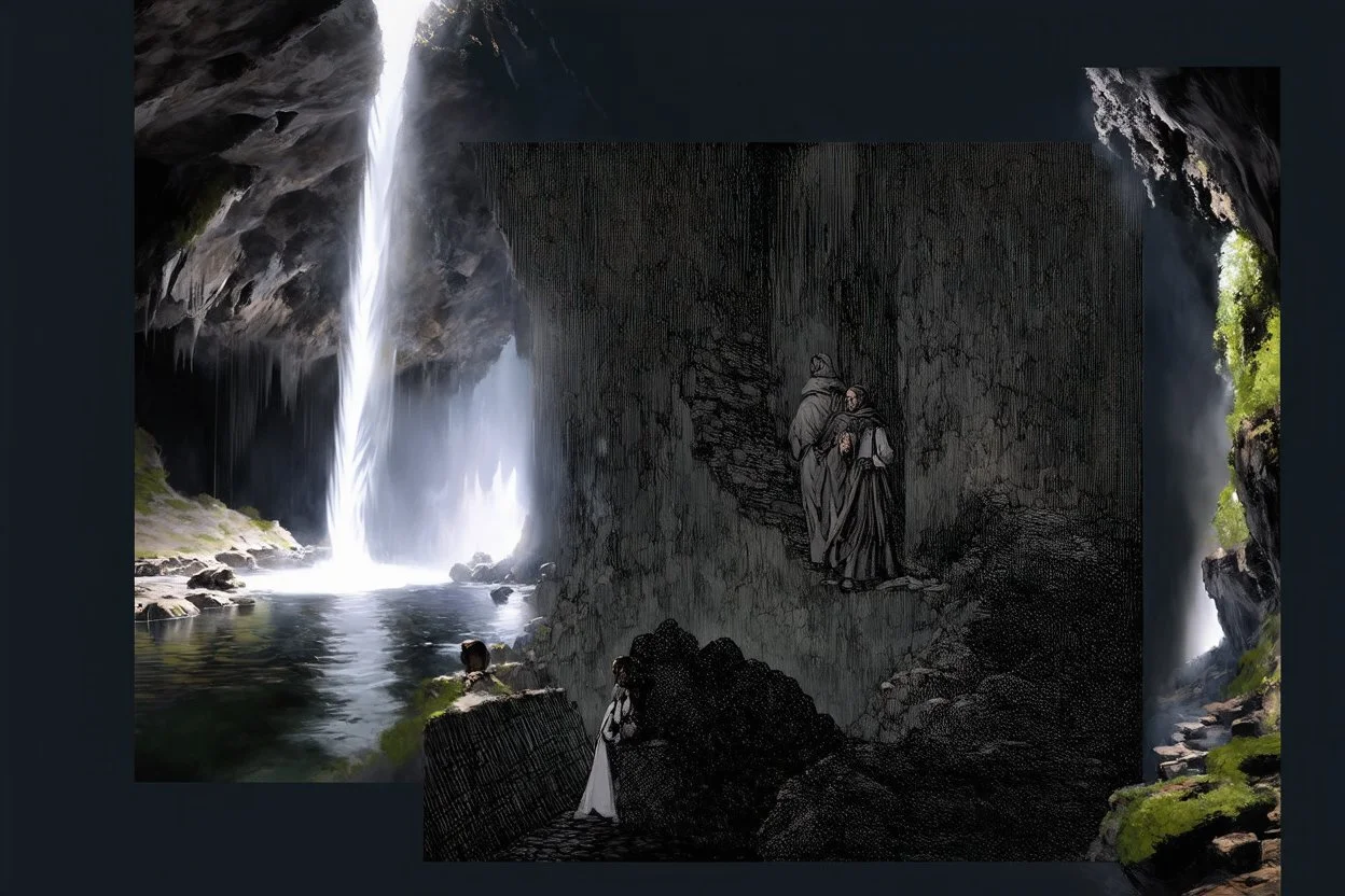 Epic fantasy digital painting of two robed figures, reminiscent of Dante and Virgil in the style of a Gustave Doré engraving, journeying on a perilous stone path carved into the wall of a vast, subterranean underworld. A majestic, luminous waterfall cascades from a sunlit hole in the cavern ceiling, its spray catching the divine light. The rest of the cavern is lost in deep, moody shadows, creating intense chiaroscuro. Moss-covered rocks glisten on the far side of a dark, still river.