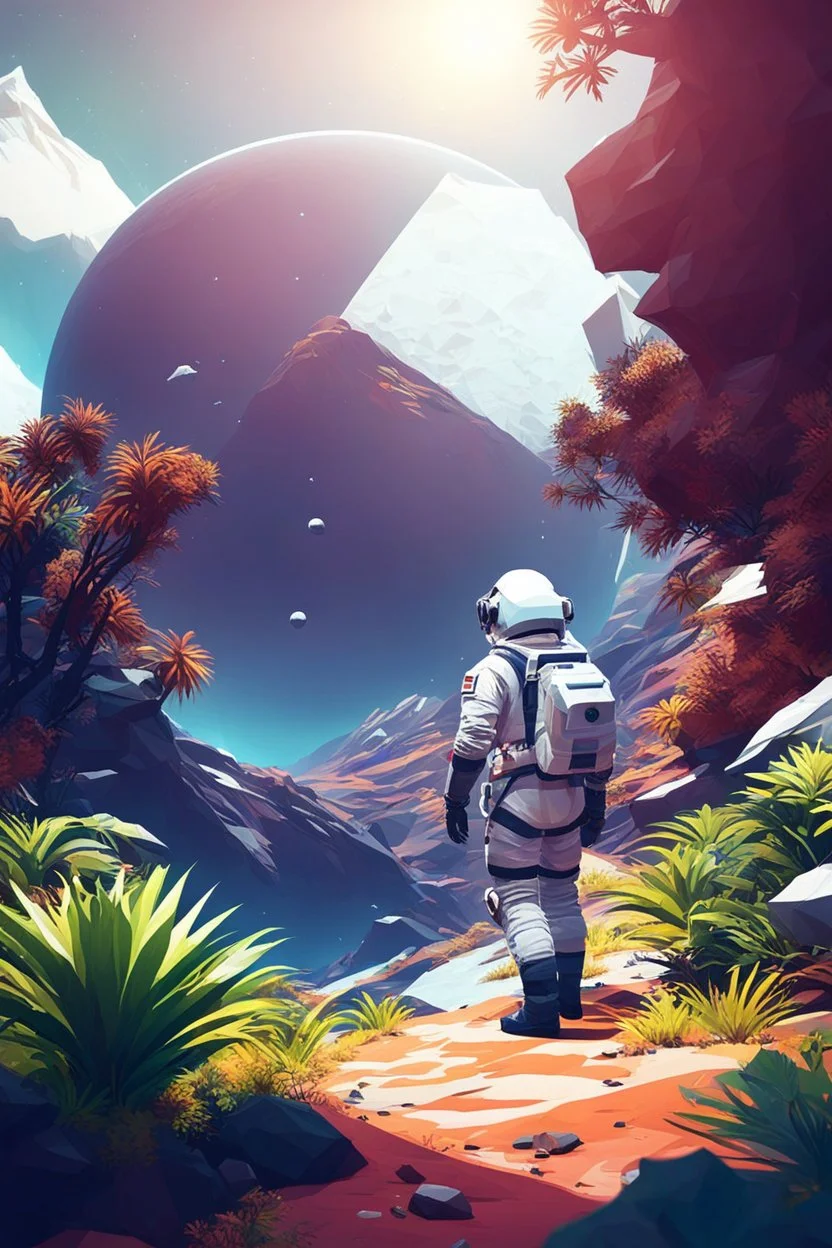 (((close midshot))), (((low poly art:2))), (astronaut), ultra-detailed illustration of an environment on a dangerous:1.2 exotic planet with plants and wild (animals:1.5), (vast open world), astroneer inspired, highest quality, no lines, no outlines candid photography. by Lekrot