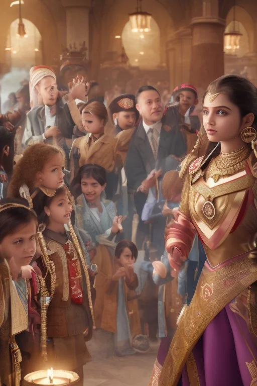 Opening shot: A noisy public place with a small and tense crowd gathered around Dr. Shumukh, a 10-year-old girl, a fierce and confident business leader Arabian style