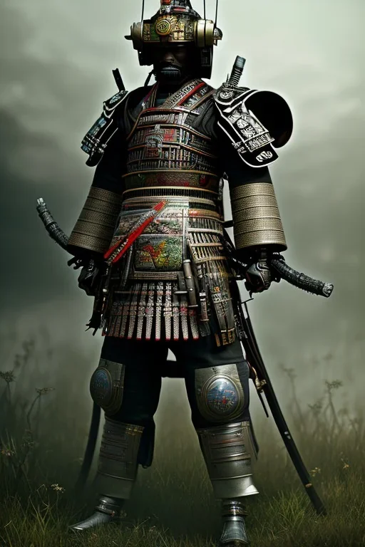 full portrai of black samurai gaspunk,high detail, volumetric lighting, tiny features, intricate detail,volumetric clouds