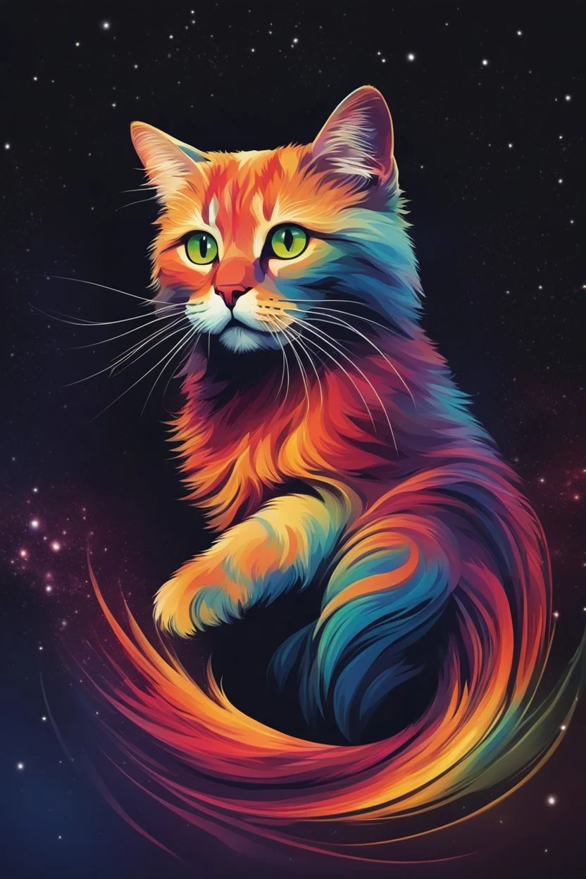 high quality, beautiful and fantastically designed silhouettes of colorful cat due to gravitational waves, beautifully designed wavelengths, very weak vibrations caused by fluctuations in the gravitational field of the universe, wave nature, stretching and compression, by yukisakura, awesome full color,