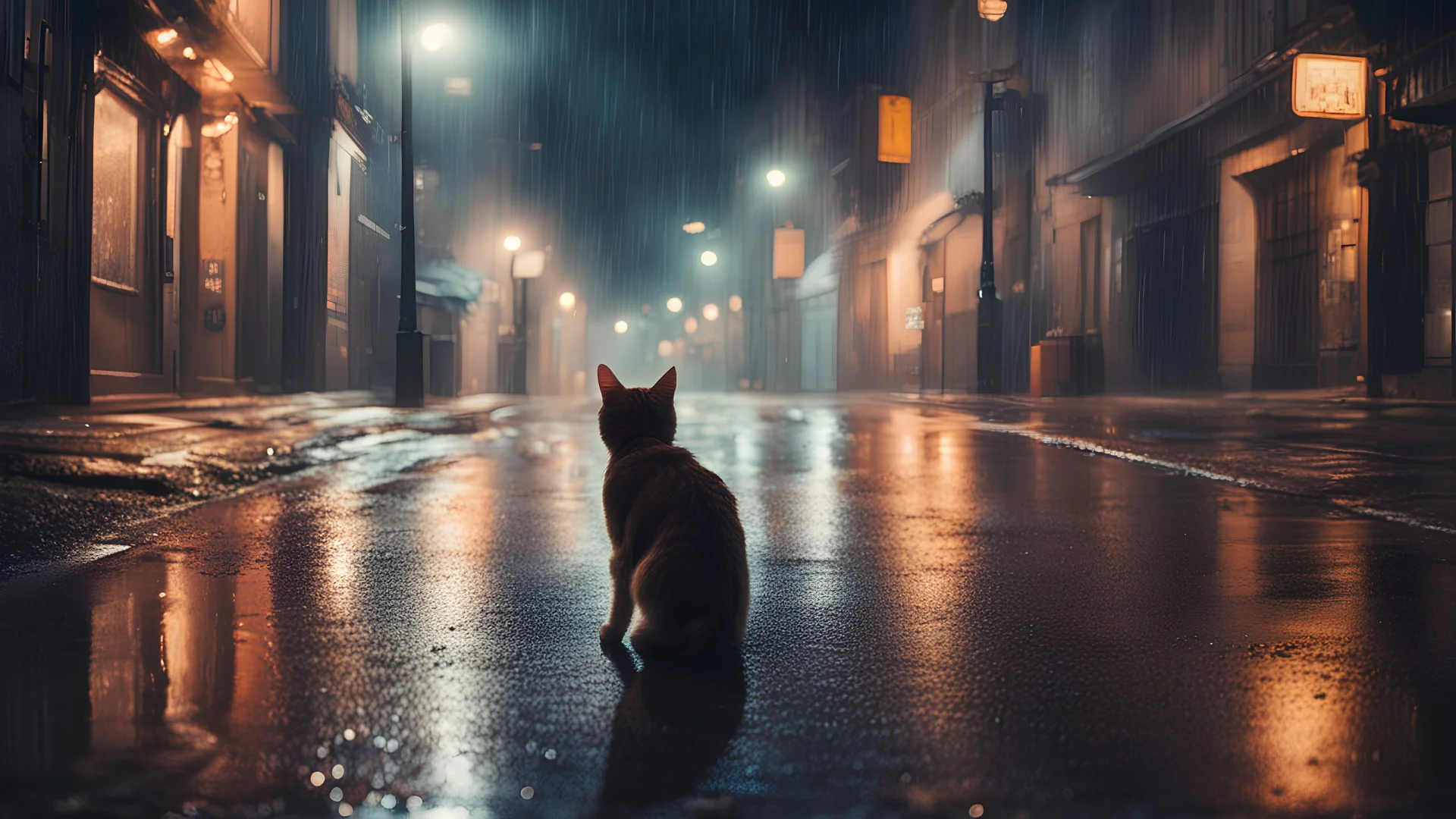 Night on a wet street of a city with lights, a cat far away stands on the pavement