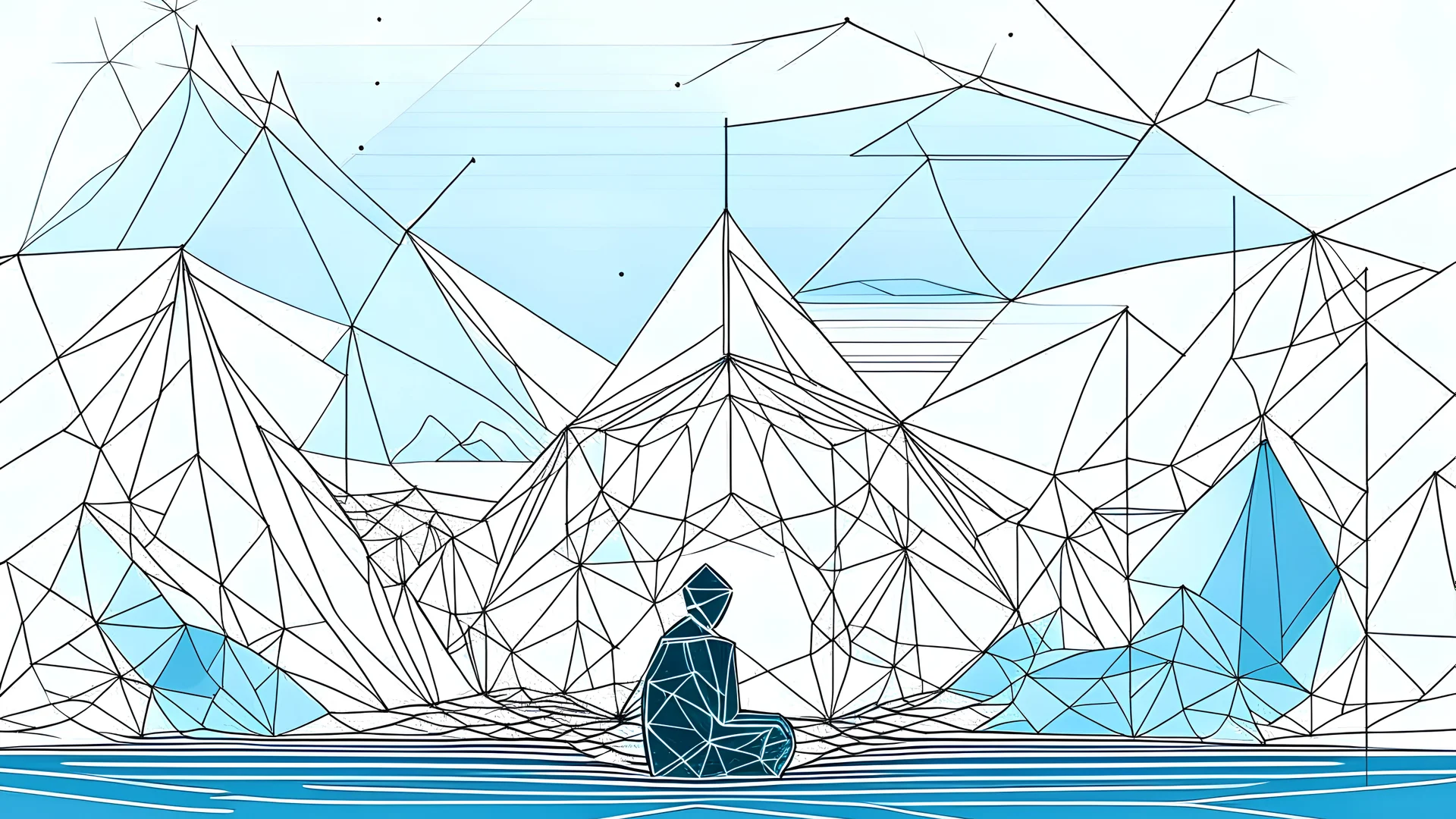 Create a geometric Line Art illustration of a scene where individuals are actively participating in conscious breathing and ice immersion, focusing on their serene expressions. Use geometric shapes and lines to convey tranquility and balance within the environment. Experiment with the Line Art style to enhance the minimalist and serene atmosphere. The goal is to produce an abstract yet visually striking illustration that communicates the transformative and holistic experience.