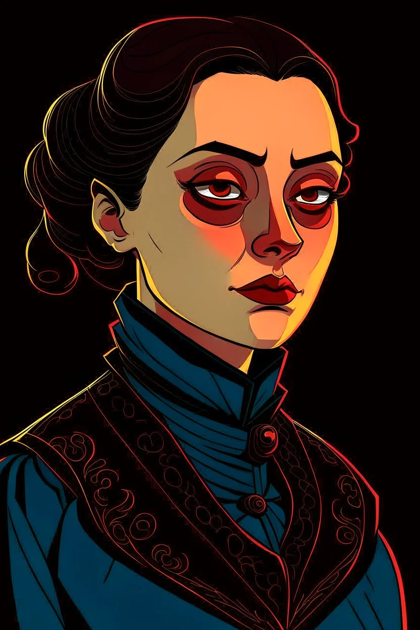 A portrait of a 30-years old aristocrat woman from XV century in strict dark clothes, authoritative, cold, emotionless, in the style of Genndy Tartakovsky's cartoons, uncovered head