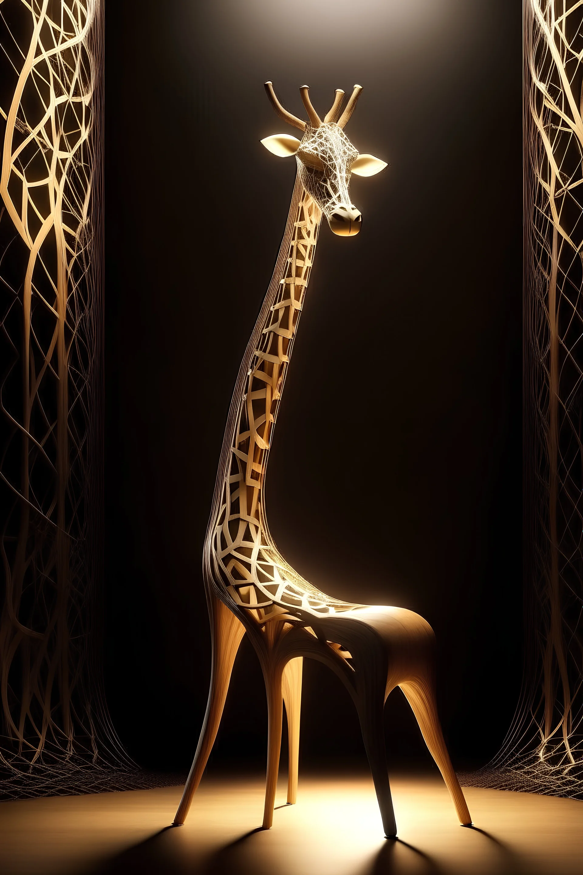 Design a celestial being with a long giraffe-like neck, dog-like pointed ears, ethereal wings reminiscent of a celestial wooden chair, and a tail unfolding into fan-like patterns when in motion. Render the image with an otherworldly aura and a trail of gentle wind.