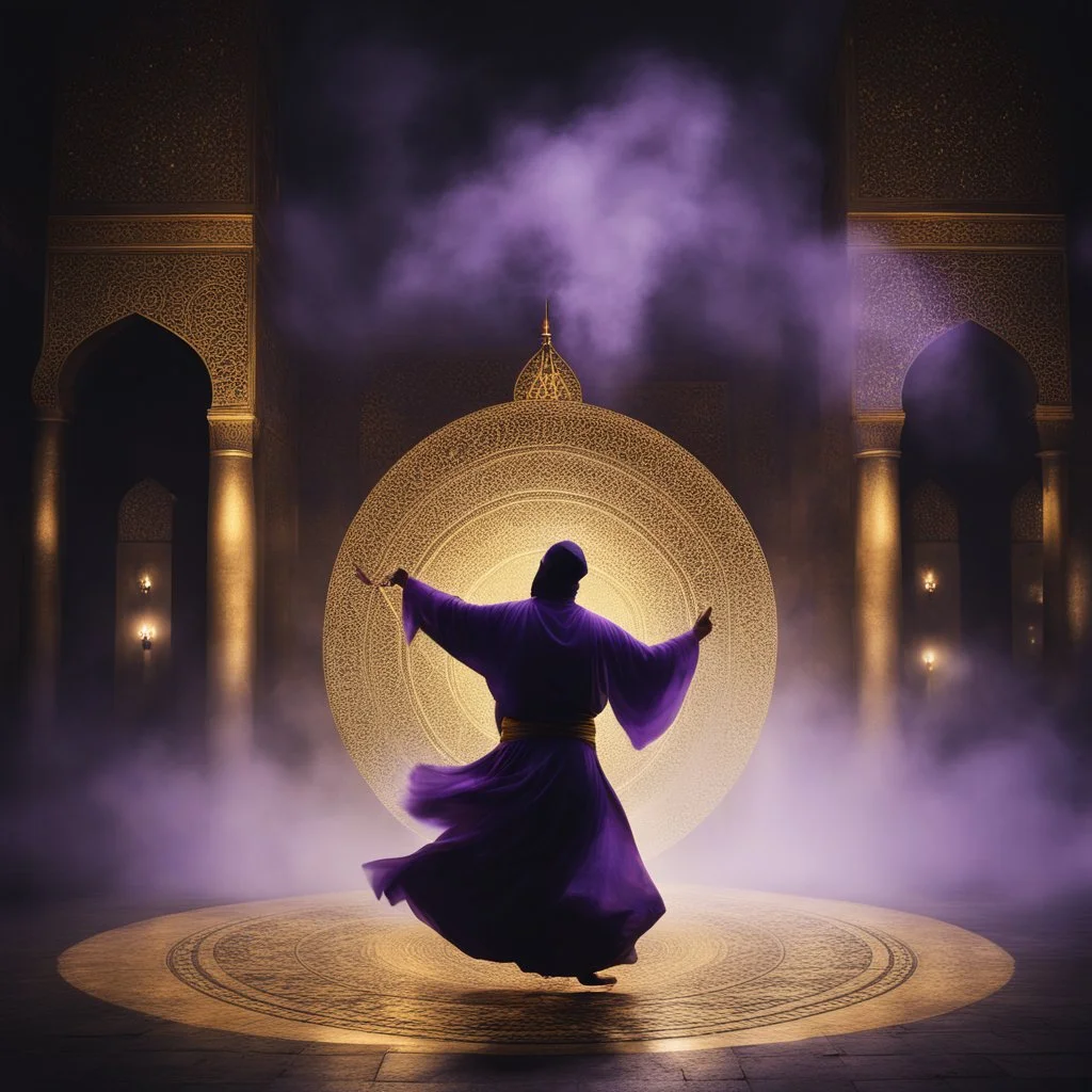 Hyper Realistic photographic-view of a Sufi Whirling with Golden & Purple Islamic Sufi Rustic Grungy-Black Background with thick-fog at dark-night outside an ancient Islamic architectural building with golden-sparkles-whirling showing dramatic & cinematic ambiance.