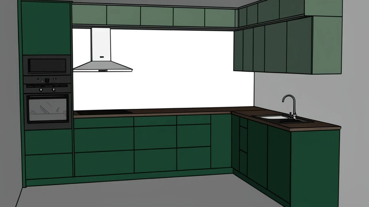 dark green kitchen like in the photo with forest wallpaper on the wall, very realistic