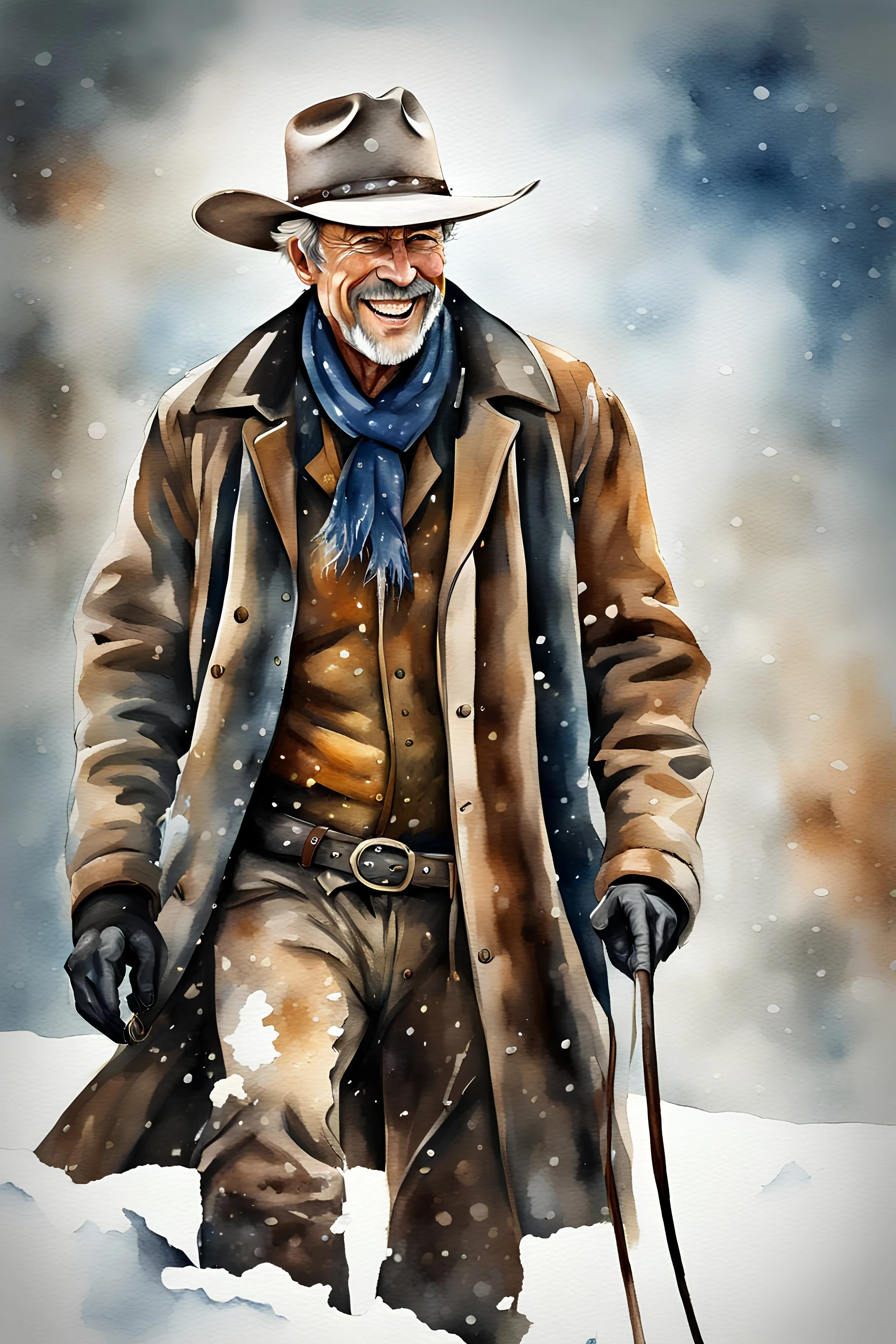 a multicolored, watercolor stained, wall in the background, inspired by all the works of art in the world - laughing - an old cowboy, wearing a cowboy hat and long, trench coat leads a horse through the snow, full body image, Absolute Reality, Reality engine, Realistic stock photo 1080p, 32k UHD, Hyper realistic, photorealistic, well-shaped, perfect figure,