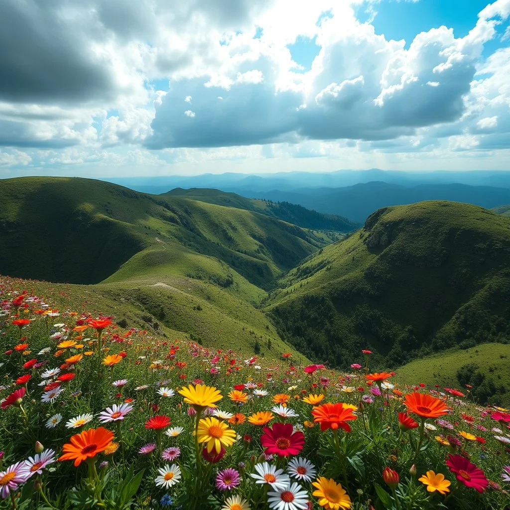 beautiful Green hills covered with flowers colorfull ,blue sky heavy clouds with godray ,very nice flowers at closeup ,wonderfull mountains at distance,beautiful lady clibming at hills full body shot