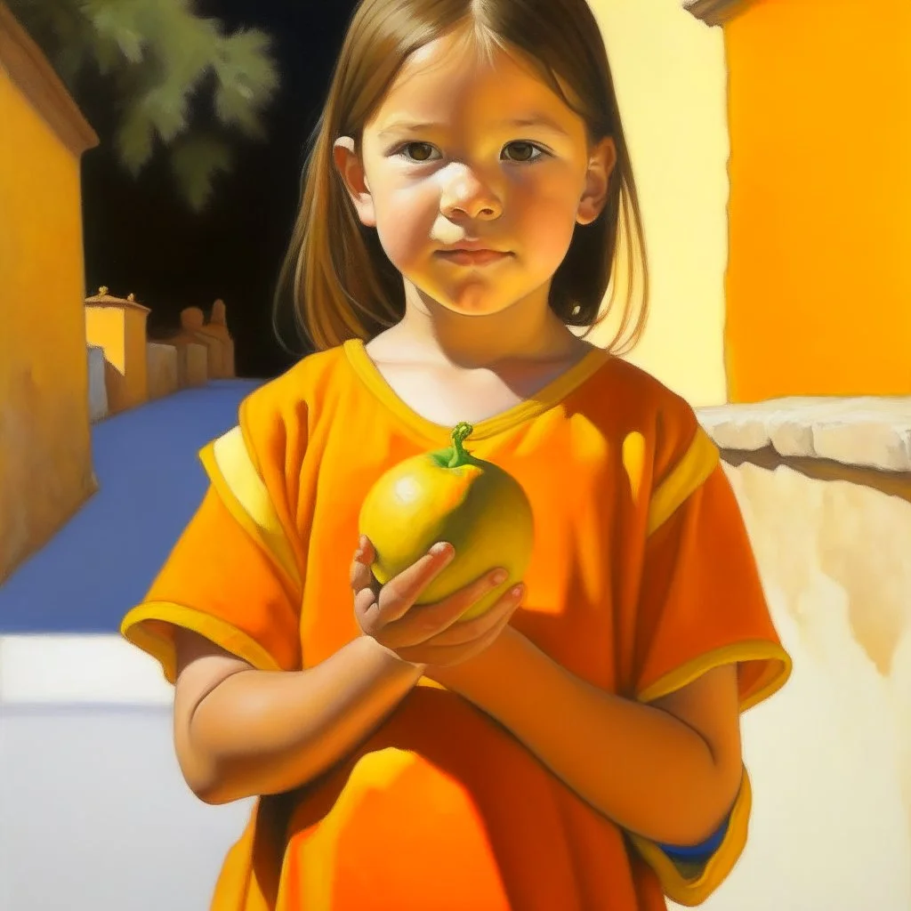 Neoclassicism child holding an orange painting yellow realistic cote d'azur