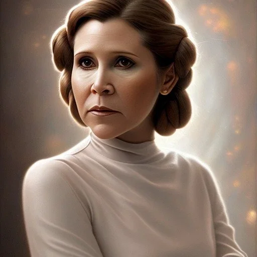 hyperspace background, complete and photo realistic detailed head to waist stunning photo realistic portrait of carrie fisher as Princess Leia in star wars with photo realistic updo hair by Mandy Jurgens and mucha and Richard Schmid and chuck close and chie yoshii, extraordinary and detailed ceremony dress of star wars,brown eyes