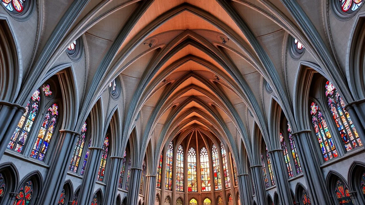 A majestic cathedral with towering hyperbolic arches defining the structure. The roof and walls curve inward and outward in perfect harmony, creating a fluid, wave-like design. The arches are lined with intricate stained glass windows that cast colorful light through the building, adding a sense of ethereal beauty. Award-winning photograph.