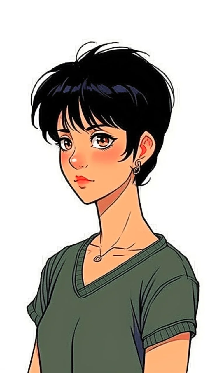 Relaxed and Stylish Anime 90s , short black hair