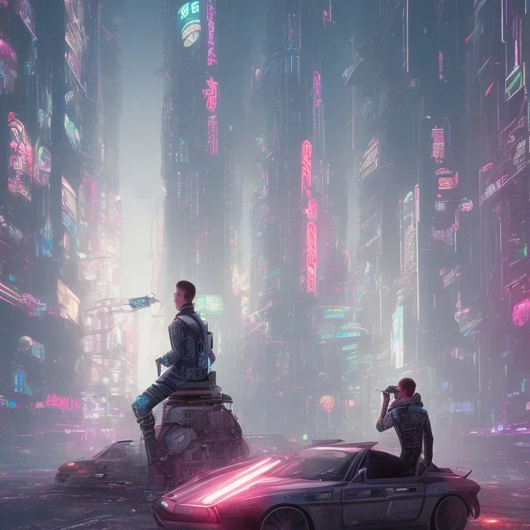 cyberpunk man sit on flor in big city