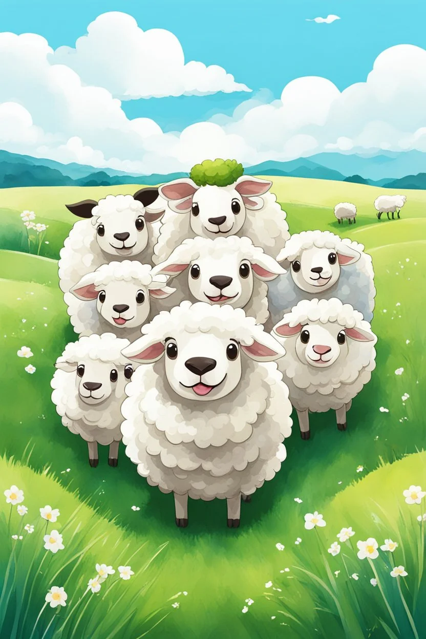 create an image with 4 cute sheep with the typography, happy face "ovelhinhas da fé", 2d, cartoon style, chibbi, kawai, a green field and blue sky in the background, watercolor