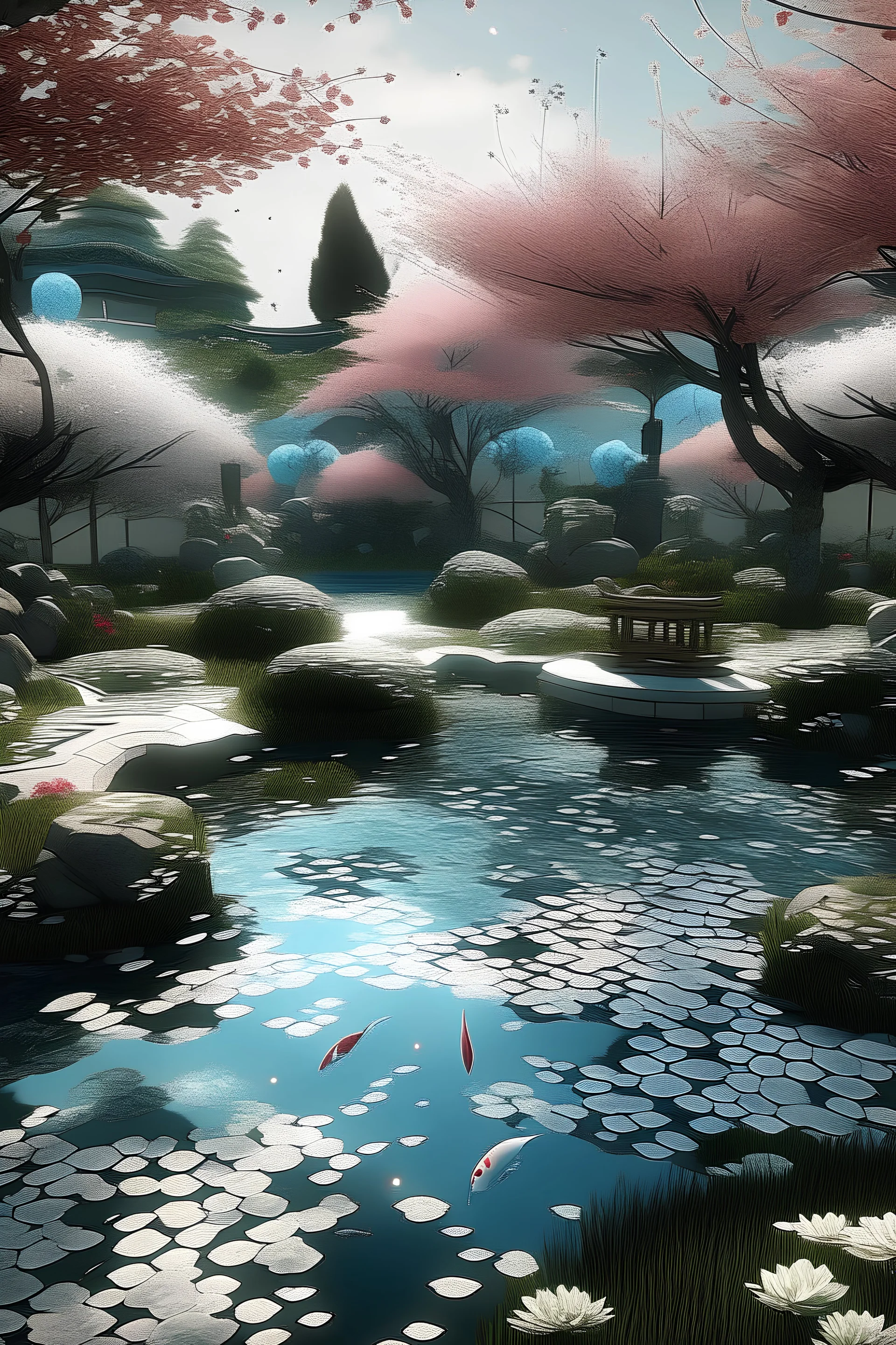 Generate an AI art piece that fuses the tranquility of a traditional Japanese garden with a sci-fi twist. Imagine a cybernetic koi pond surrounded by holographic cherry blossom trees, where ancient serenity harmonizes with futuristic technology.