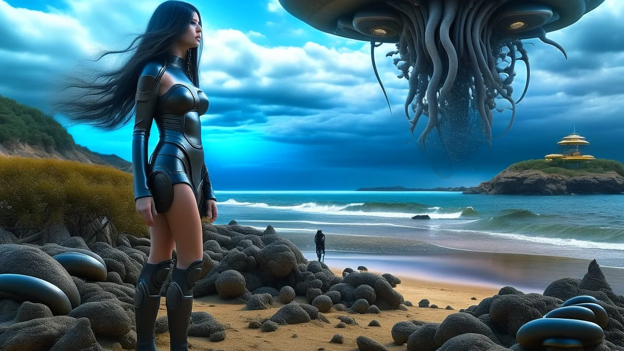 A long-haired woman in a robotic-looking catsuit standing on a beach of a rocky landscape with flying mushrooms with jellyfish tentacles and a crashed spaceship in the distance, with a forest beyond