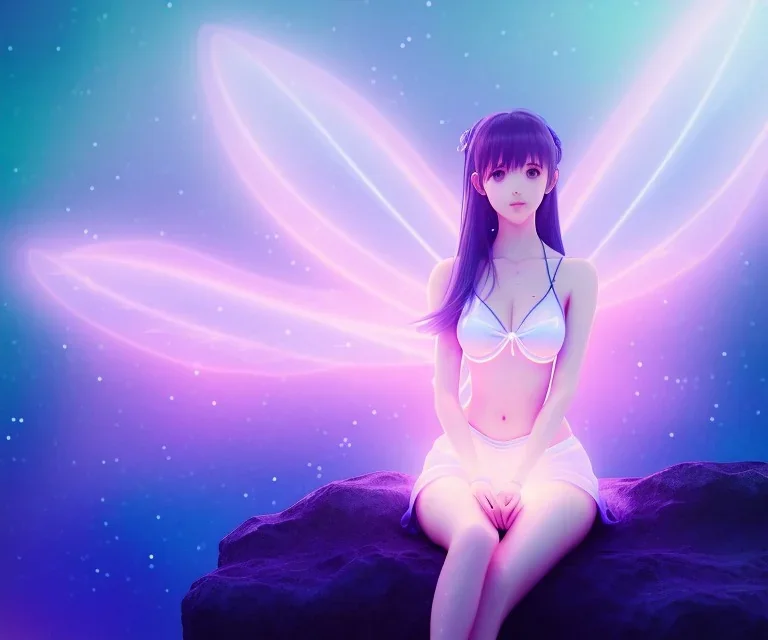 a detailed illustration of a anime girl sitting luminescent body, glinting spread wings, realistic, soft and smooth glowing wings, soft feathers, macro lens, sharp focus, meticulously detailed, soft studio lighting, smooth blurred gradient evening sky background, 64k