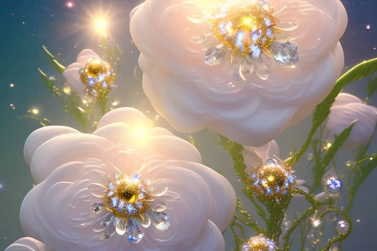  white and crystal subtle flower in a cosmic ambiance, transparent petals, delicate colors, in the foreground, full of details, smooth, bright sunshine，soft light atmosphere, light effect，vaporwave colorful, concept art, smooth, extremely sharp detail, finely tuned detail, ultra high definition, 8 k, unreal engine 5, ultra sharp focus