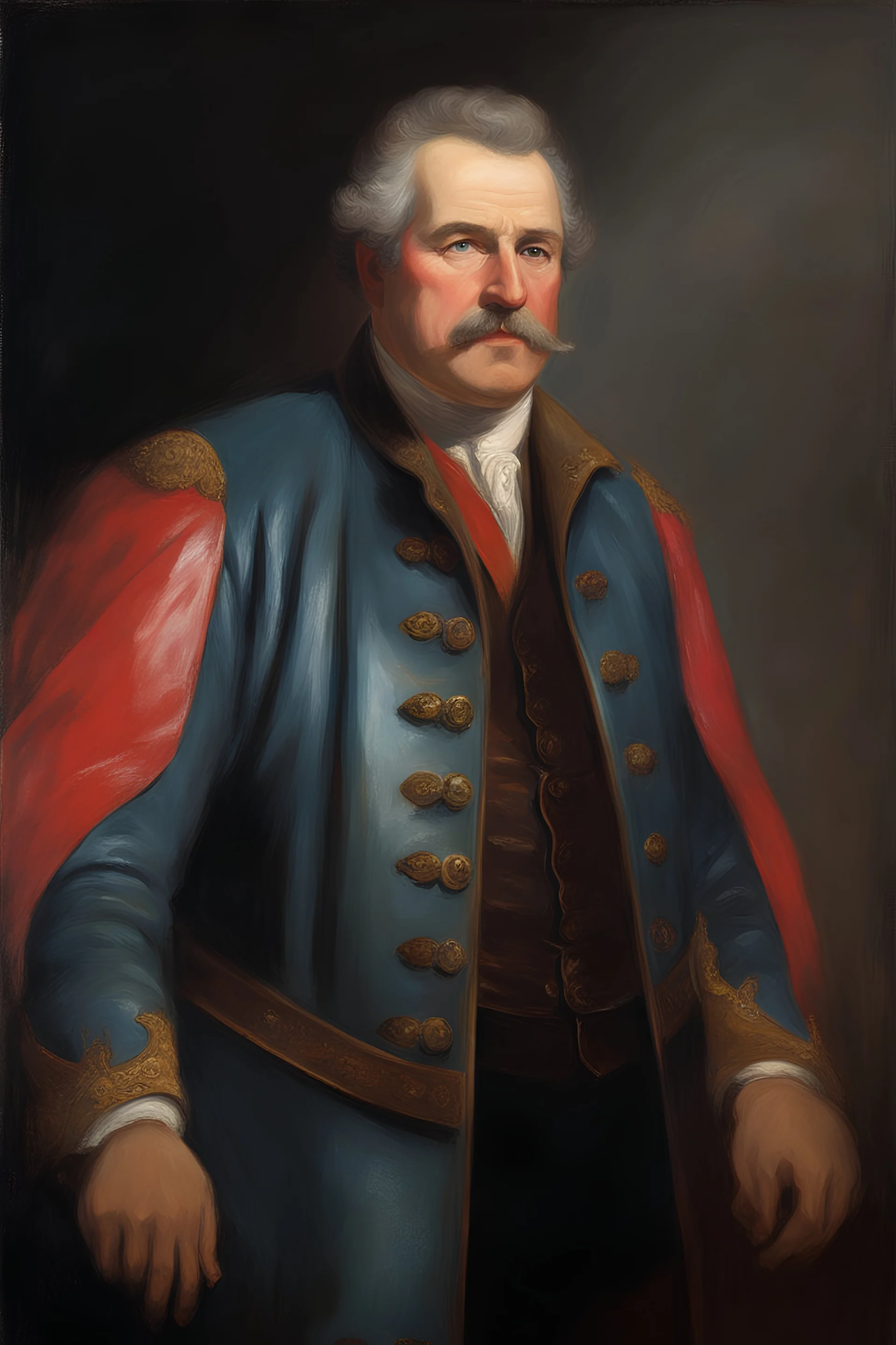 58-year-old man with crew-cut dark brown hair tapered on the sides, gray goatee, blue eyes, overweight, wearing a leather jacket - pitch black background, extremely colorful, oil painting by Gilbert Stuart