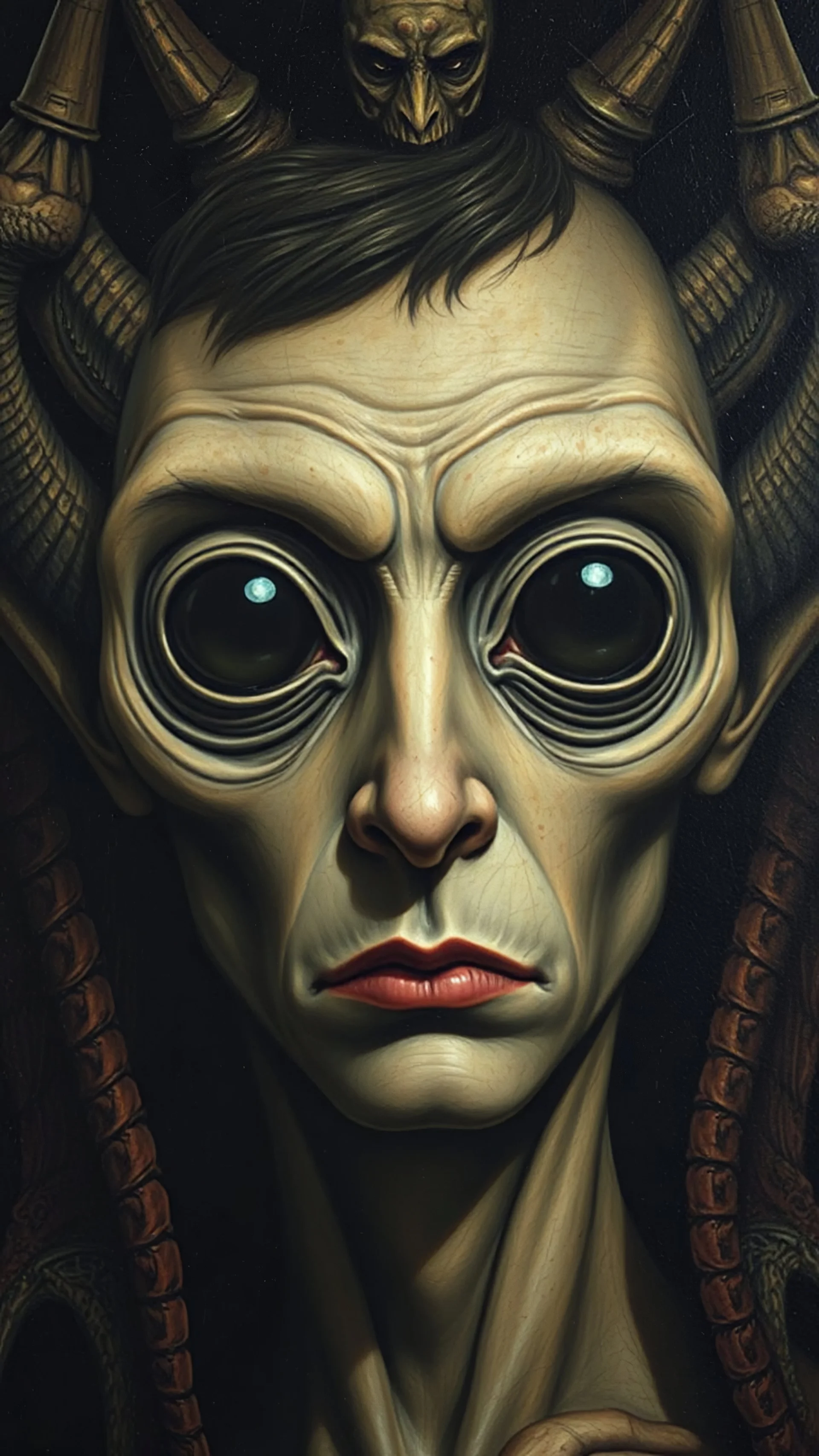 Hieronymus Bosch style an mans face with alien dark black big eyes