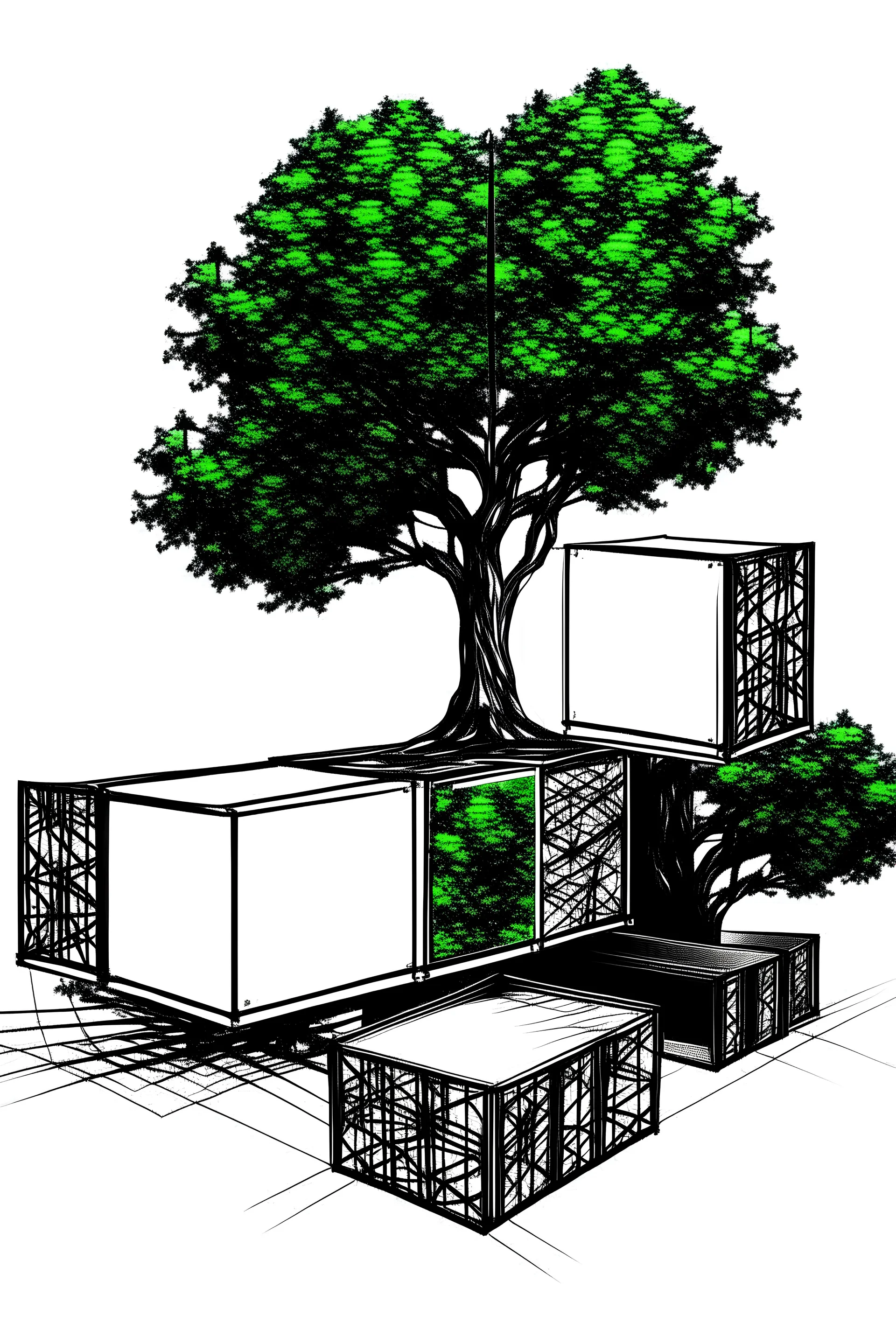 Metabolism concept sketch, black and white and green, Tree truck empty as a circulation red line- top of the trees as a cubes