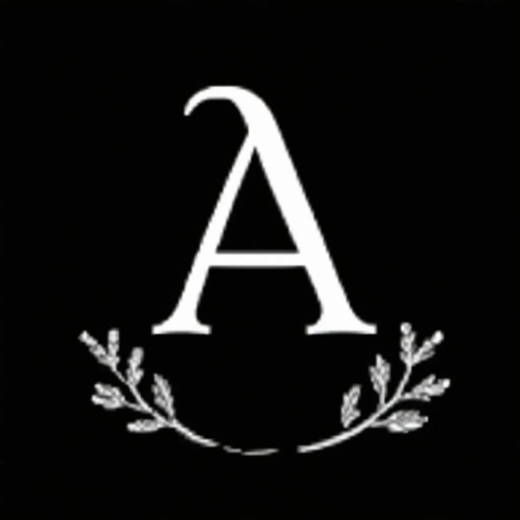2 branches(crossed at bottom, arching upward wreath), Letter A in Middle, delicate linework, sharp image, white vector on black background