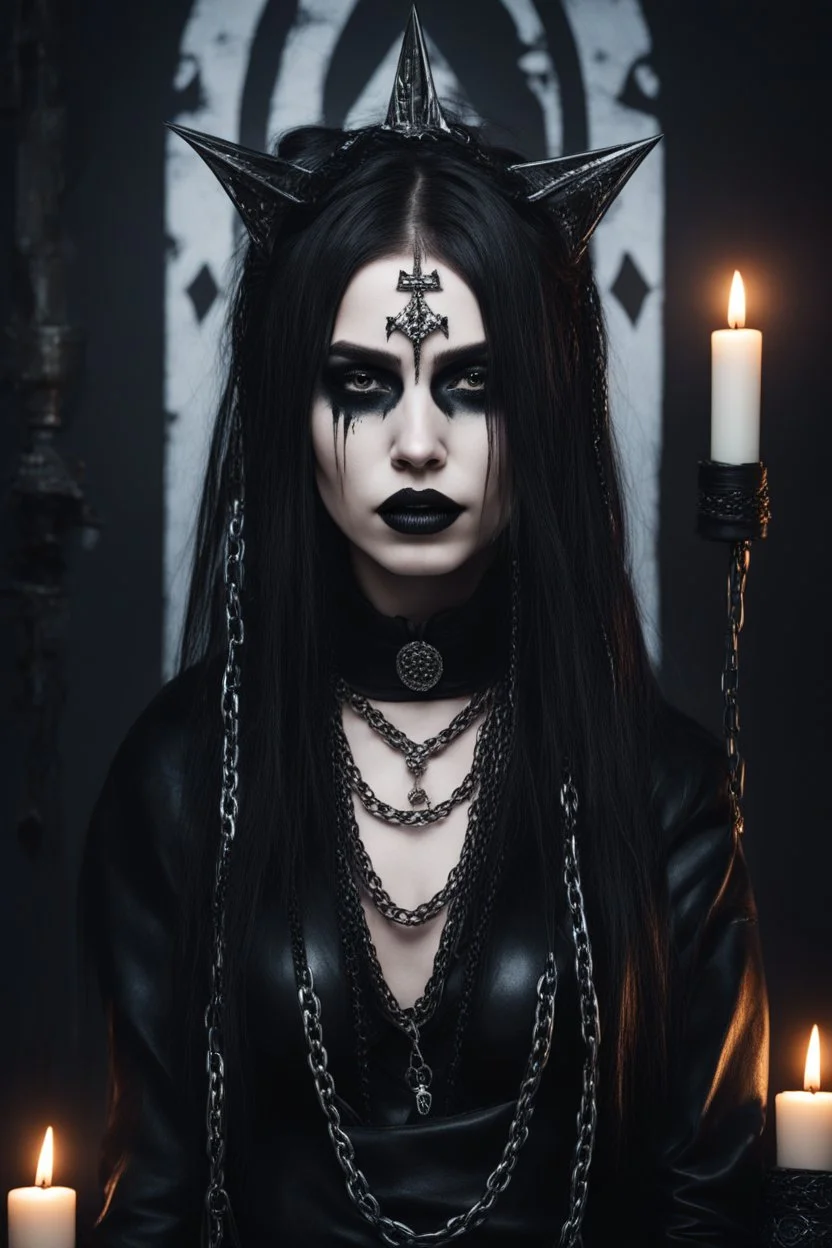 minimalism,amazingly beautiful fashion gothic girl black makeup closeup portrait covered in black lathered custom and heavy metal style , charm chains and candles in the background