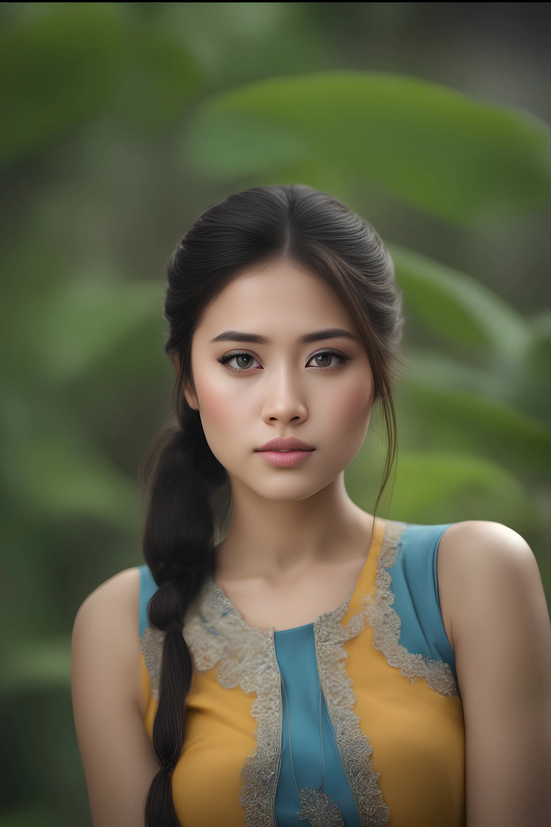 A professional photography of Anisa Riski Amelia a most pretty beautiful Indonesian girl, black hair, ponytail, oval shaped face, gaunt face, brown eyes, big eyes, melancholy eyes, melancholy glance indifferent ignore, thin lips,natural make up,beautiful, pretty, melancholy girl, slim body, dress and vest, hyperrealistic, ultra realistic, octane render,HDR, ultra detailed, perfect body, perfect face,Canon EOS 5D mark IV, best quality photography, real photo, photography, hyperrealistic,