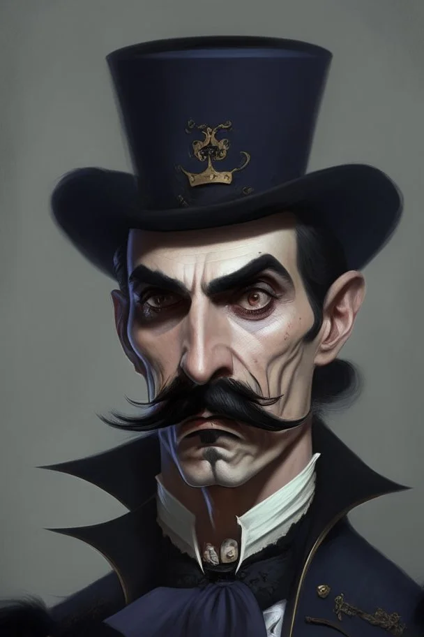 Strahd von Zarovich with a handlebar mustache wearing a top hat looking confused