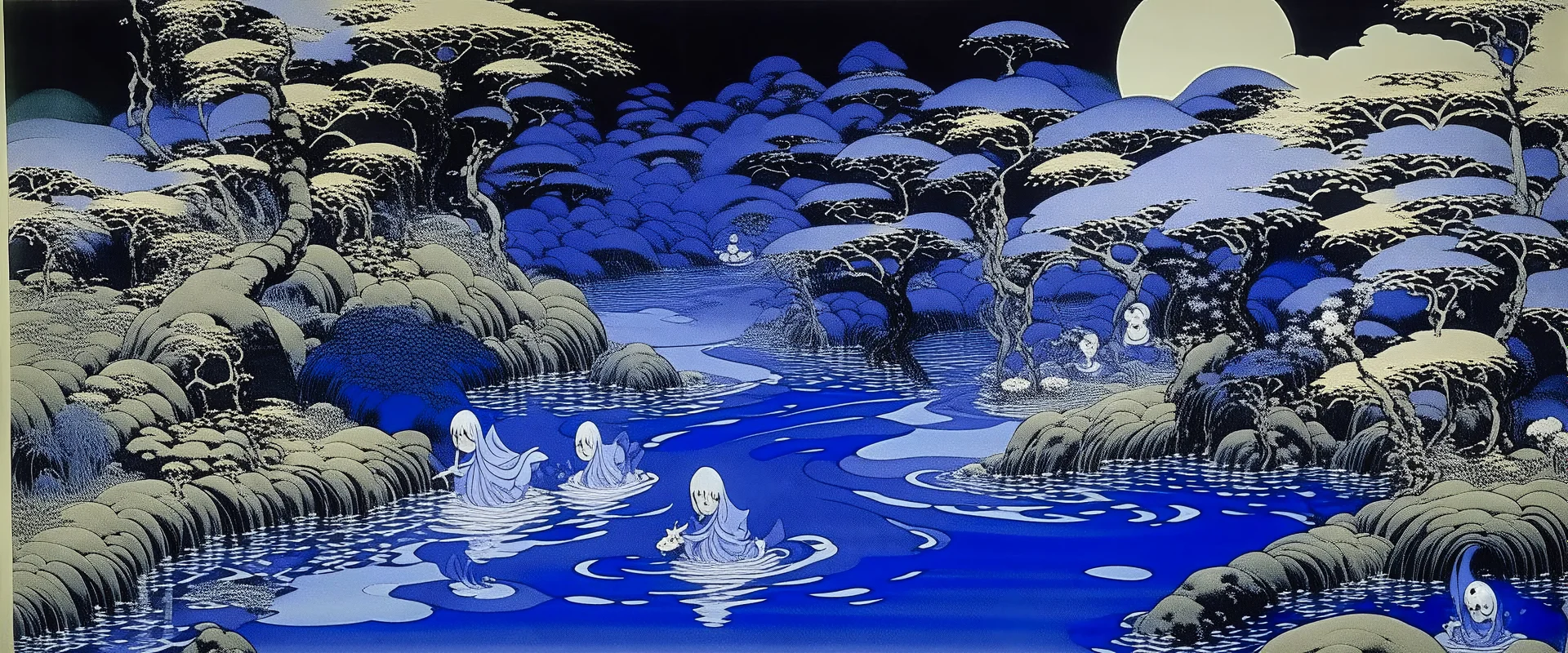 A violet swamp with yokai ghosts painted by Katsushika Hokusai