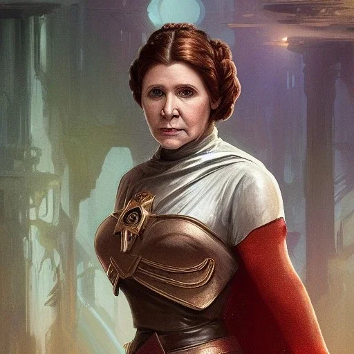 [[Carrie Fisher as Princess Leia]] :: [[sharp brown eyes, short hair, head and shoulders portrait, 8k resolution concept art portrait by Greg Rutkowski, Artgerm, WLOP, Alphonse Mucha, dynamic lighting, hyperdetailed, intricately detailed, trending on Artstation, triadic colors, Unreal Engine 5, volumetric lighting]]