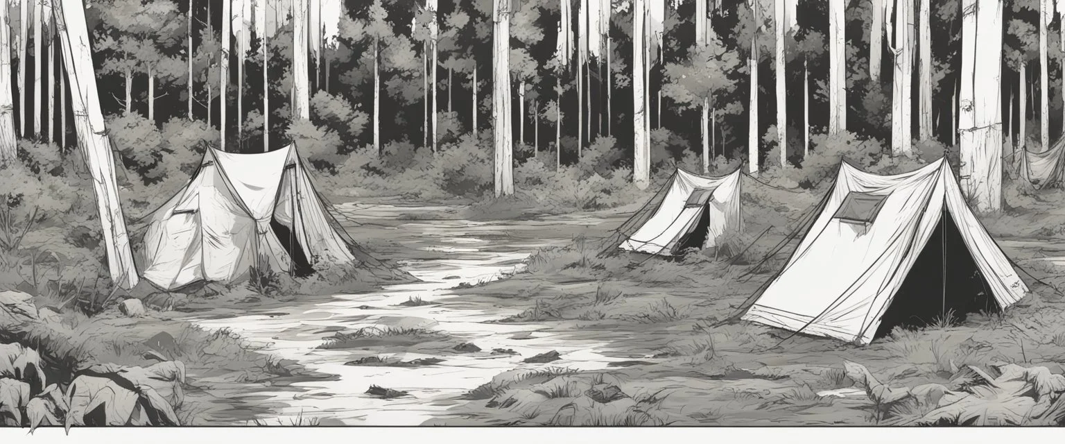 campsite, tents, overgrown, post-apocalyptic, comic book, forest, cinematic,