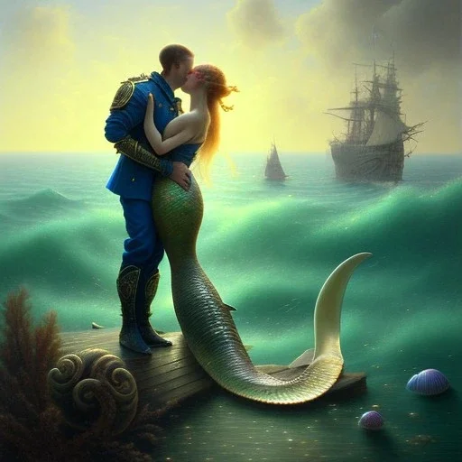 A beautiful portrait of a two mermaid couple kissing , leaning on a ships deck ,Rough sea in the background, a shark,snails, seashells (digitall art by Eugene de Blaas and Ross Tran, vibrant color scheme, highly detailed, in the style of romanticism, cinematic, artstation best quality, realistic lighting, masterpiece portrait, details light dusting , cowboy shot from above, simple chain hauberk Vector art digital illustration 3D shading )