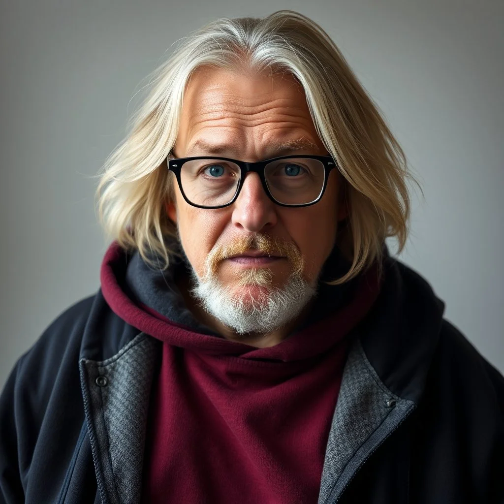 cool blonde hair blonde eyes guy 55 years old rodfessor big fat, smart long hair dark ,,, film maker director,,, wearing glasses yound in a hoody talking about philiophy ton his friends, style life realism