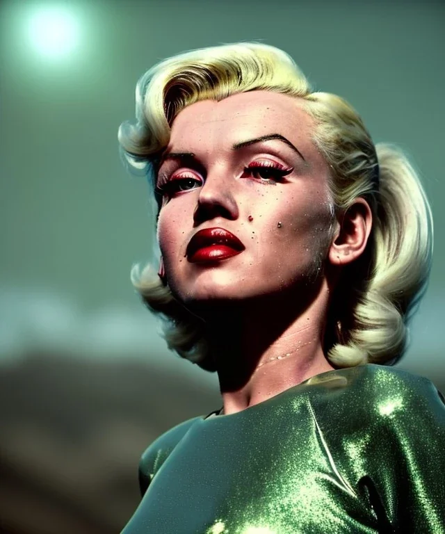 Ultra Realistic retro sci-fi 1960 scene, waist up view portrait, blonde woman, sweet young Marilyn Monroe face, perfect iris, tight latex coat, Strange planet background, Retro sci-fi tight style, sphere dron, fog, rain, soft color, highly detailed, unreal engine 5, ray tracing, RTX, lumen lighting, ultra detail, volumetric lighting, 3d, finely drawn, high definition, high resolution.