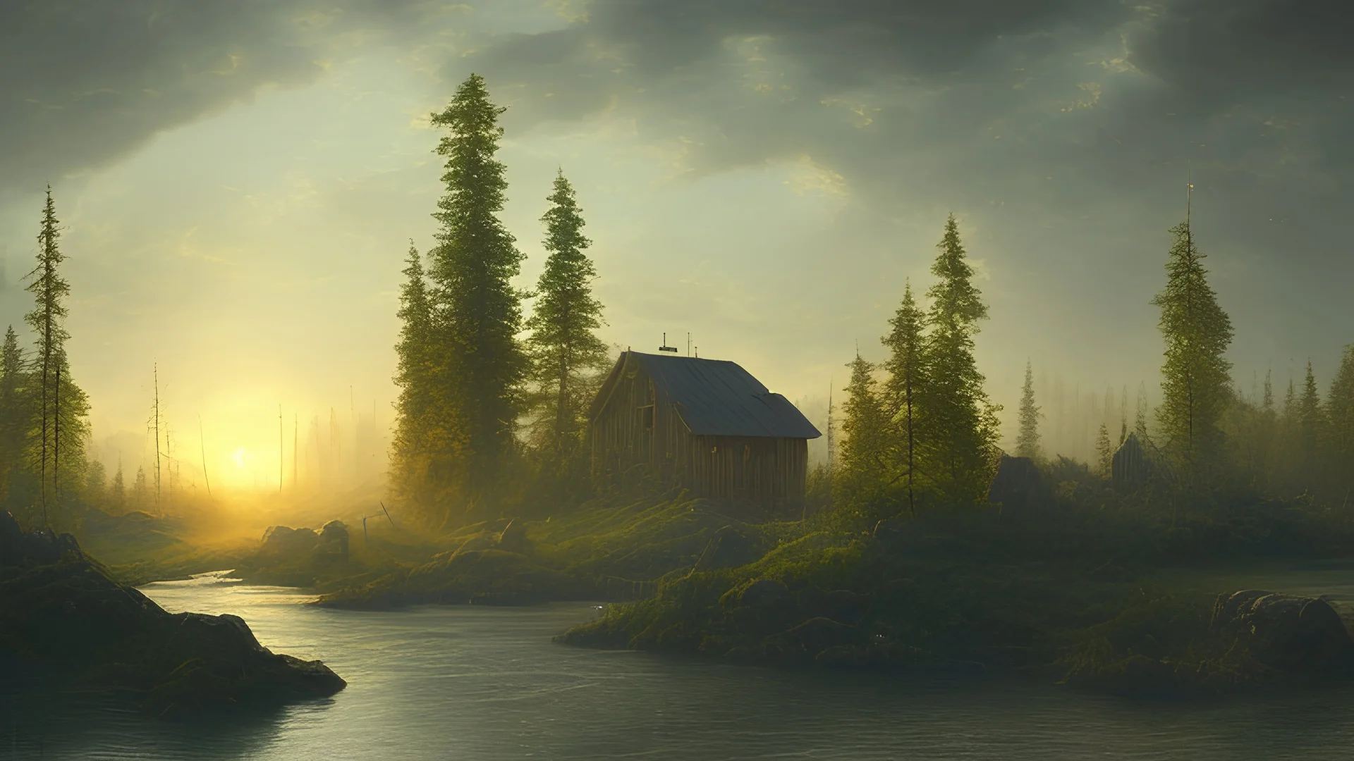 rural landscape in Labrador, Canada, style Albert Bierstadt, god lights, RTX, realistic