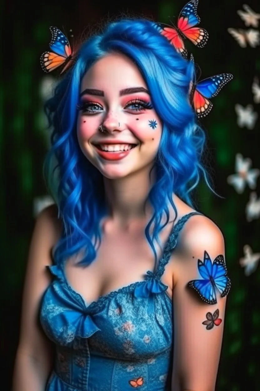 A very beautiful girl wearing cute makeup, smiling, blue hair and flowers, wearing a dress of butterflies