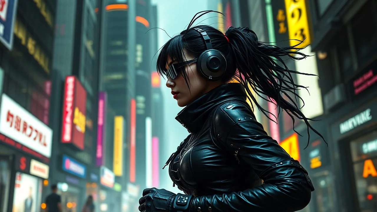 cyber-goth warrior woman in black makeup, black cyber-goth clothes runs in matrix city, left profile , utopistic scifi, dark colors, random matrix city background, high detailed, high realistic