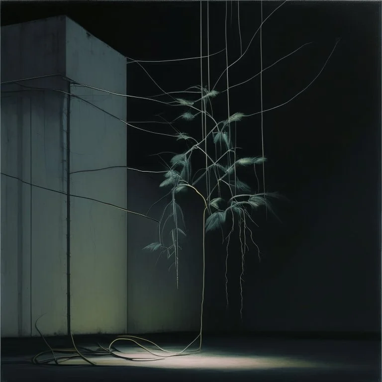 Minimal abstract oil painting of a plant in concrete warehouse brutalist architecture and hanging wires illuminated at night.In the style of Justin Mortimer and Frances Bacon