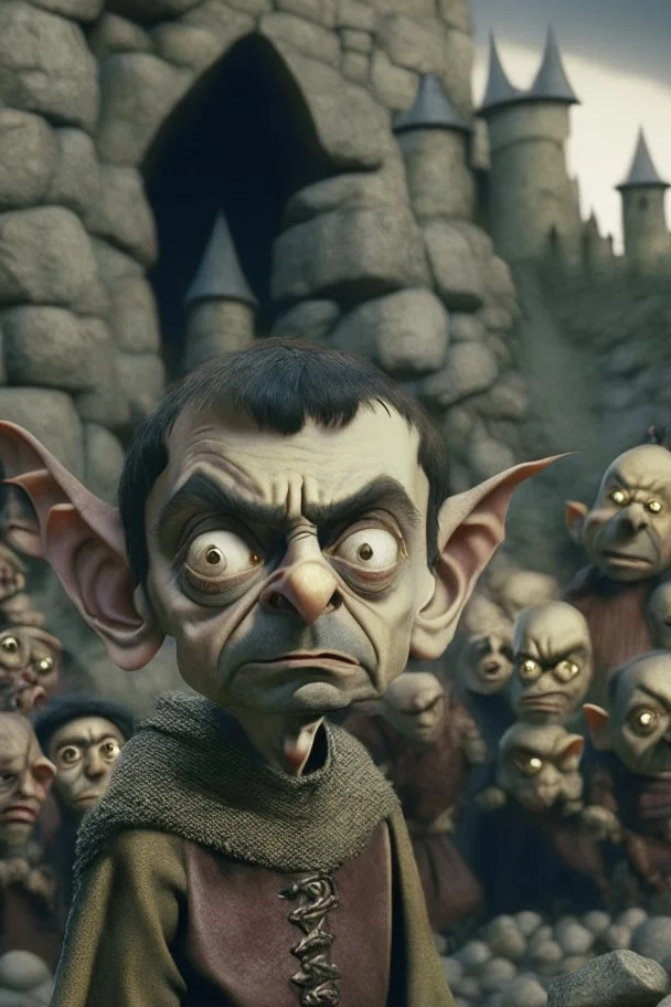 mr bean as goblin kid among other goblins in stone castle, 4 k, trending art, depth of field