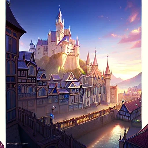 Clear focus, 8k, high quality, detailed, beautiful lighting, European mountain village fantasy, Castle, Houses, Three,