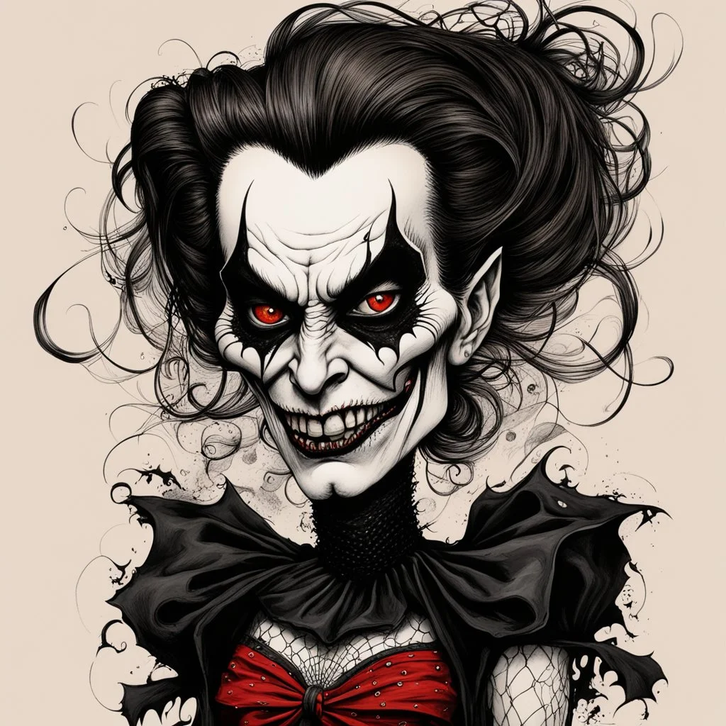 create a caricature of a savage, sullen, gothpunk vampire girl with highly detailed and refined facial features and hair, clothed in an ornate Gothic rags and fishnet stockings, in the caricature cartoon style of Gerald Scarfe and Ralph Steadman, precisely drawn, boldly inked, vividly colored, 4k