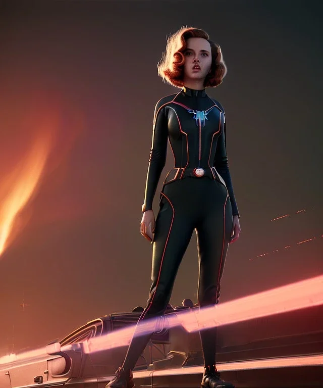 retro sci-fi portrait image from 1960, supermarket parking explosion, fire, classic black widow, young Scarlett Johansson, tight lycra suit, soft color, highly detailed, unreal engine 5, ray tracing, RTX, lumen lighting, ultra detail, volumetric lighting, 3d, finely drawn, high definition, high resolution.