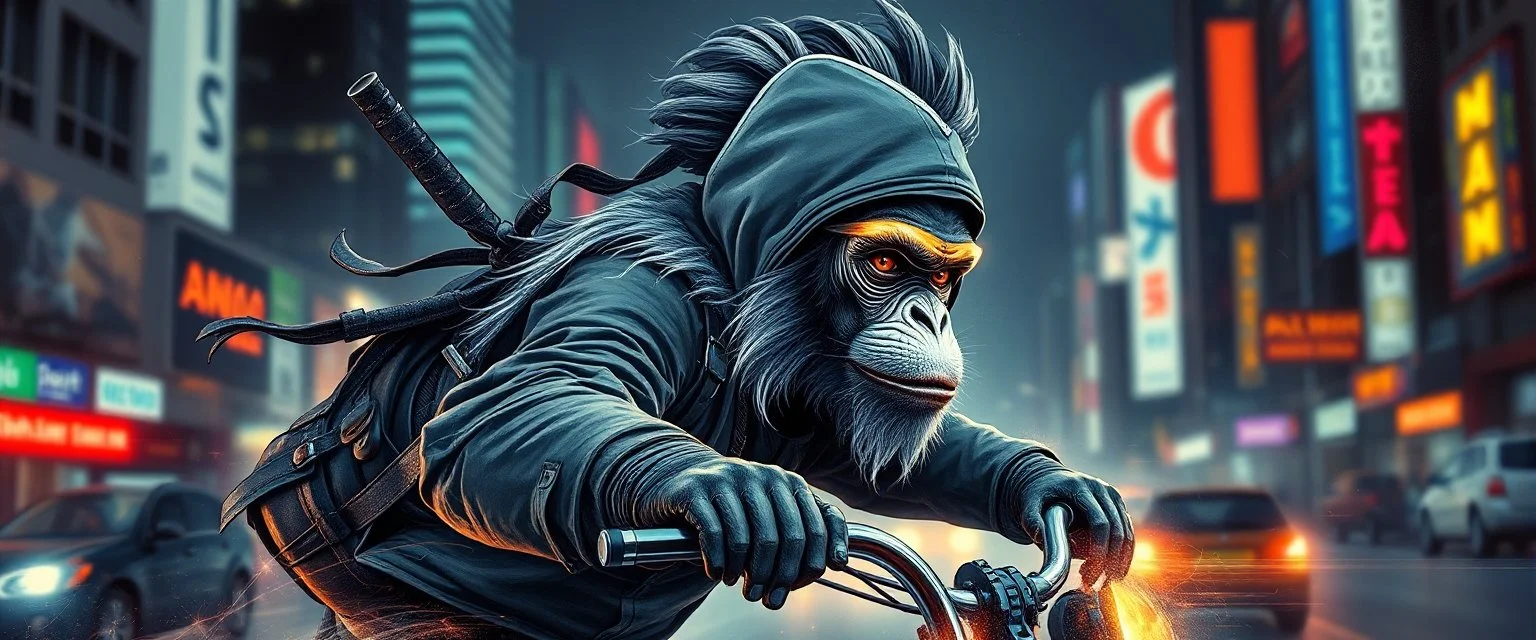 Rembrandt wall poster of ninja transparent biker woman monkey weasel rasta man with cute fur, in big cyberpunk city crossover, volume light and motion blur, airbrush and pen outline