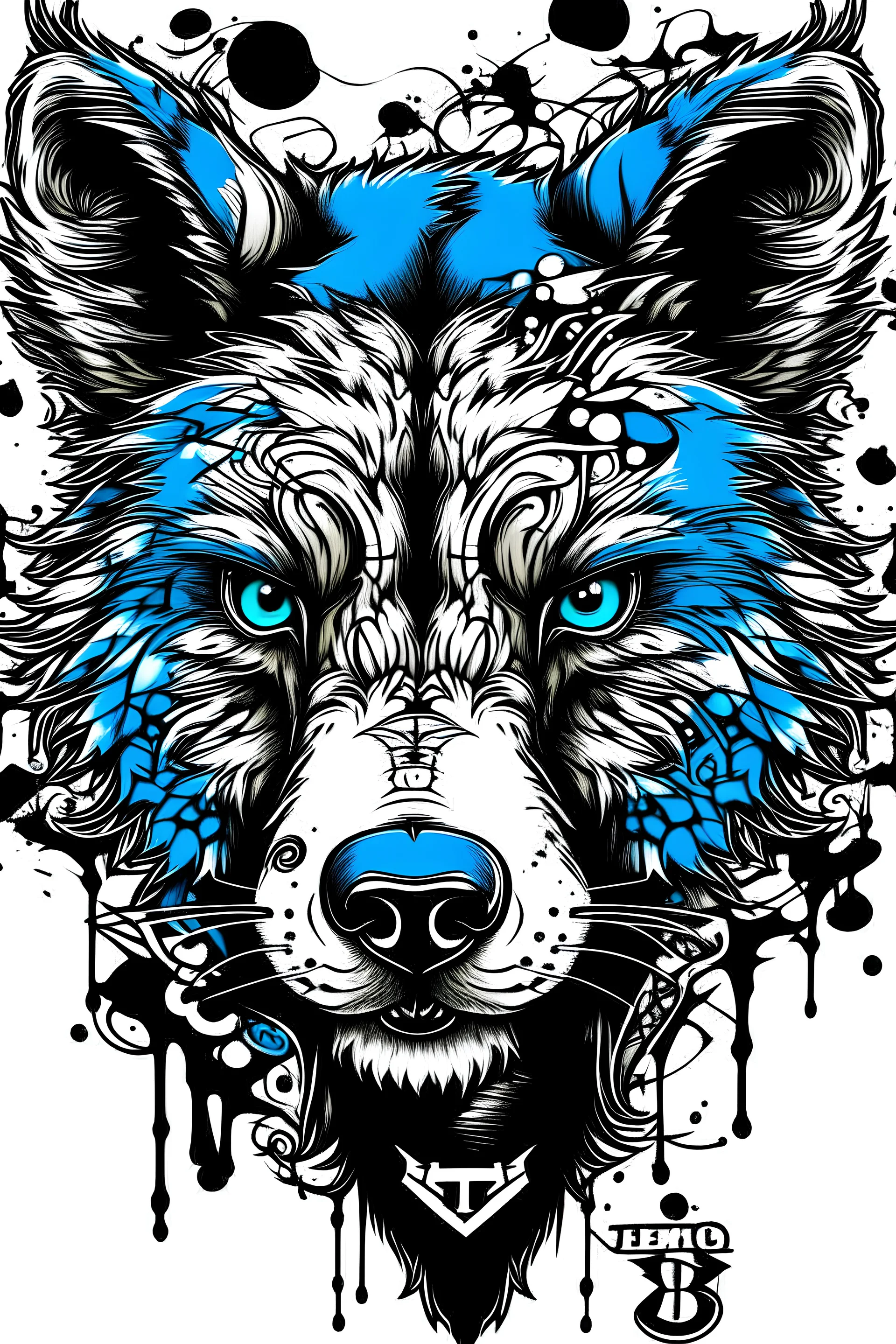 Real wolf face design with blue details