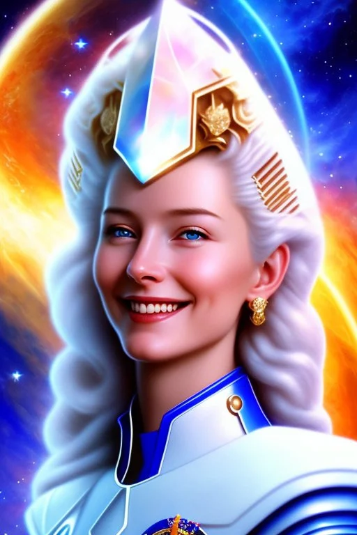 young cosmic woman smile, admiral from the future, one fine whole face, large cosmic forehead, crystalline skin, expressive blue eyes, blue hair, smiling lips, very nice smile, costume pleiadian,rainbow ufo Beautiful tall woman pleiadian Galactic commander, ship, perfect datailed golden galactic suit, high rank, long blond hair, hand whit five perfect detailed finger, amazing big blue eyes, smilling mouth, high drfinition lips, cosmic happiness, bright colors, blue, pink, gold, jewels, realistic