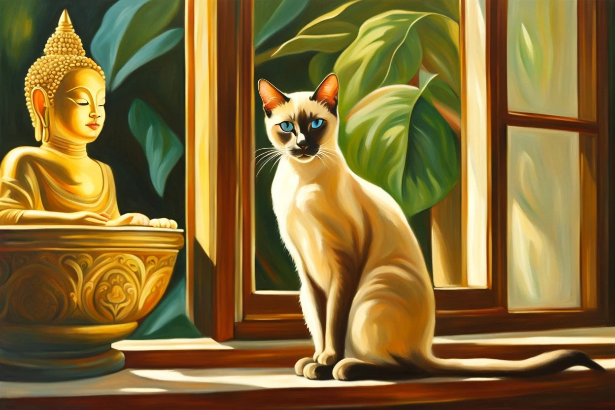 Elegant feline, oil painting, impressionism style, stunning slender Siamese cat in a window in Thailand observing Buddha statue, beautiful, artistic, detailed