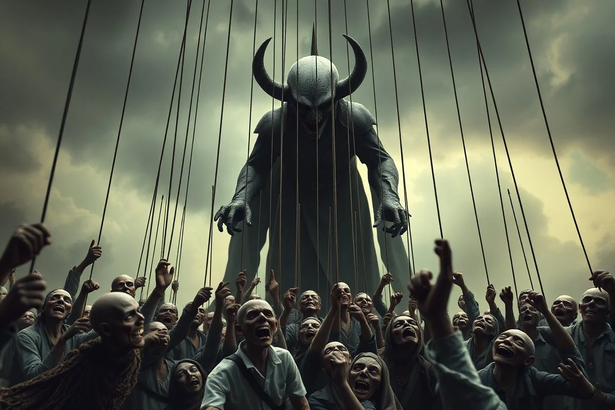 an evil government looms above, pulling the strings of hundreds of puppets below, the news broadcasts the puppets' suffering everywhere, dystopian, dread, horror