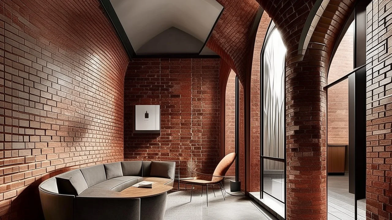 Exposed bricks in perfect asymmetry. Warm light on textured walls.Metal structure with sloping ceilings. Polished concrete and curved lines.
